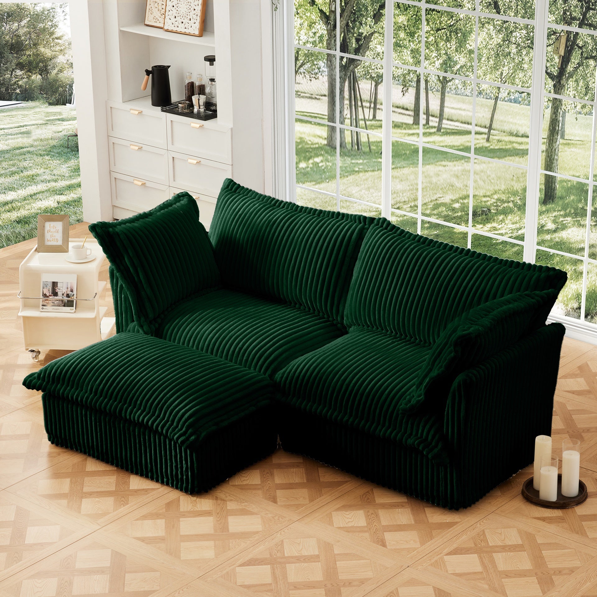Slipcovered Sectional 2 Seater Sofa Couch with Convertible Ottoman, Wide and Deep Seat L Shaped Sofa with Detachable Cover and Soft Multiple Big Pillows,Green Corduroy Fabric