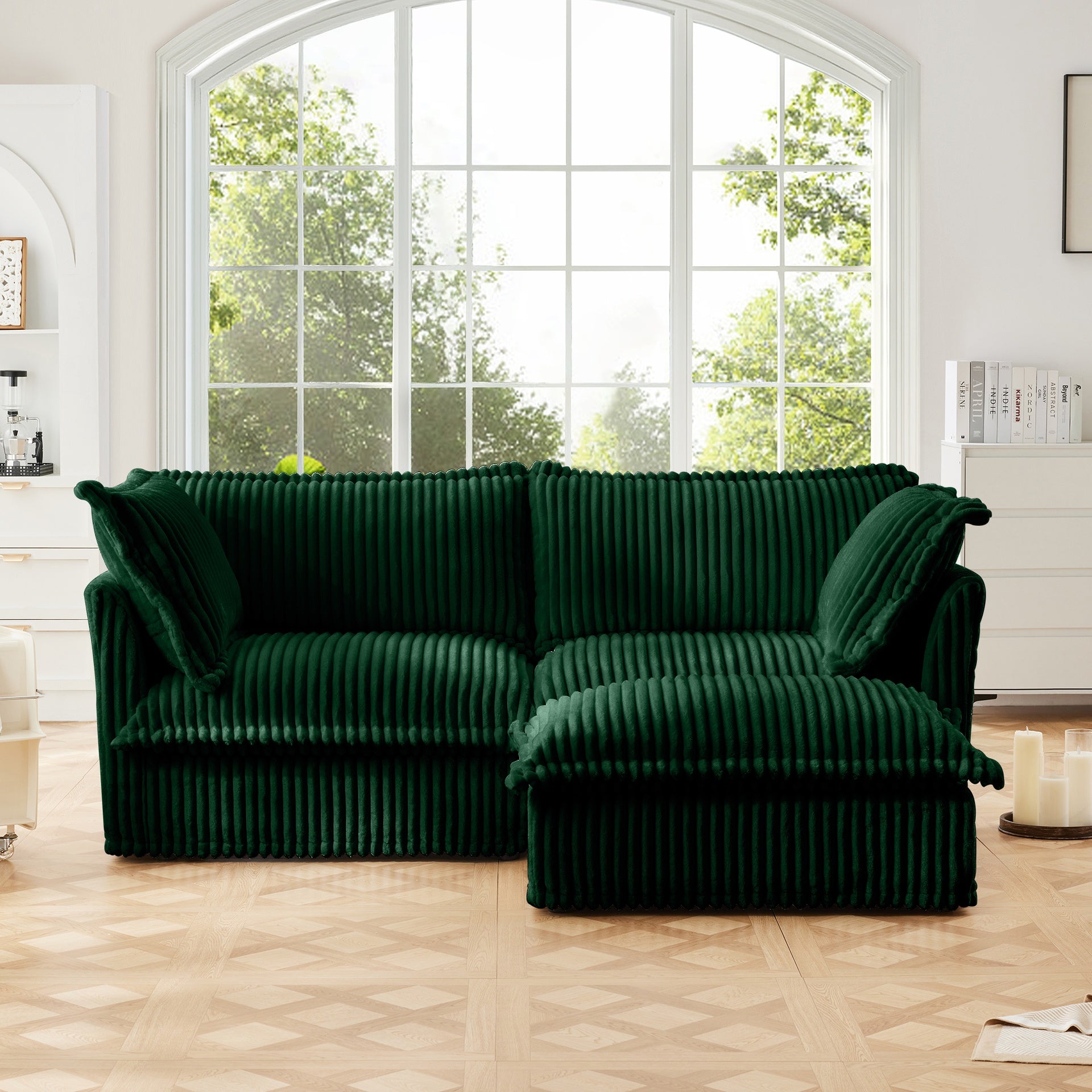 Slipcovered Sectional 2 Seater Sofa Couch with Convertible Ottoman, Wide and Deep Seat L Shaped Sofa with Detachable Cover and Soft Multiple Big Pillows,Green Corduroy Fabric