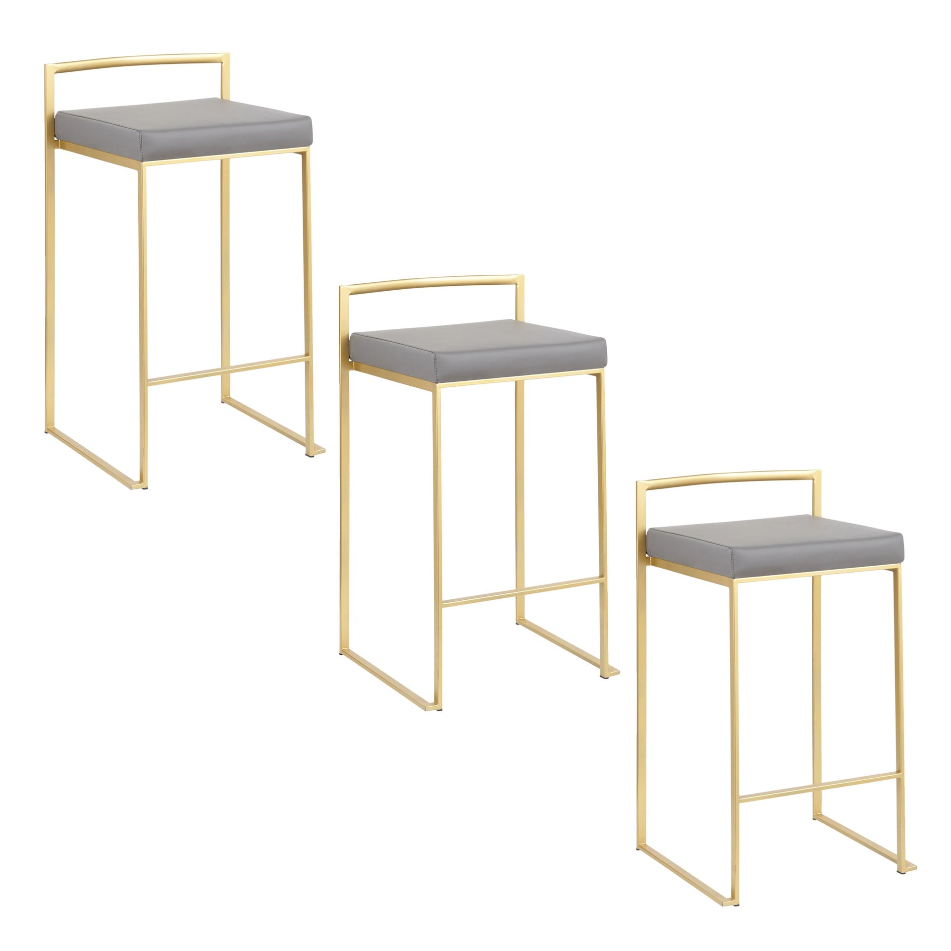 Fuji 26" Contemporary Counter Stool in Gold Metal with Grey Faux Leather by LumiSource - Set of 3