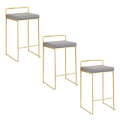 Fuji 26" Contemporary Counter Stool in Gold Metal with Grey Faux Leather by LumiSource - Set of 3