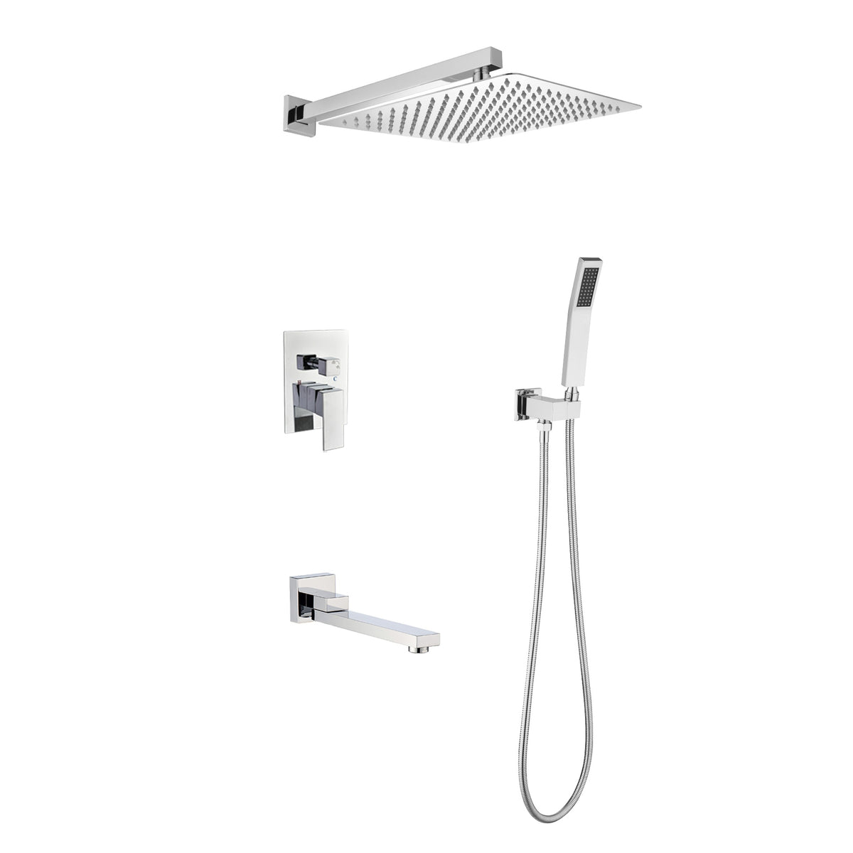 Wall mounted shower system combo with hand shower, 12 inch shower head and tub spout