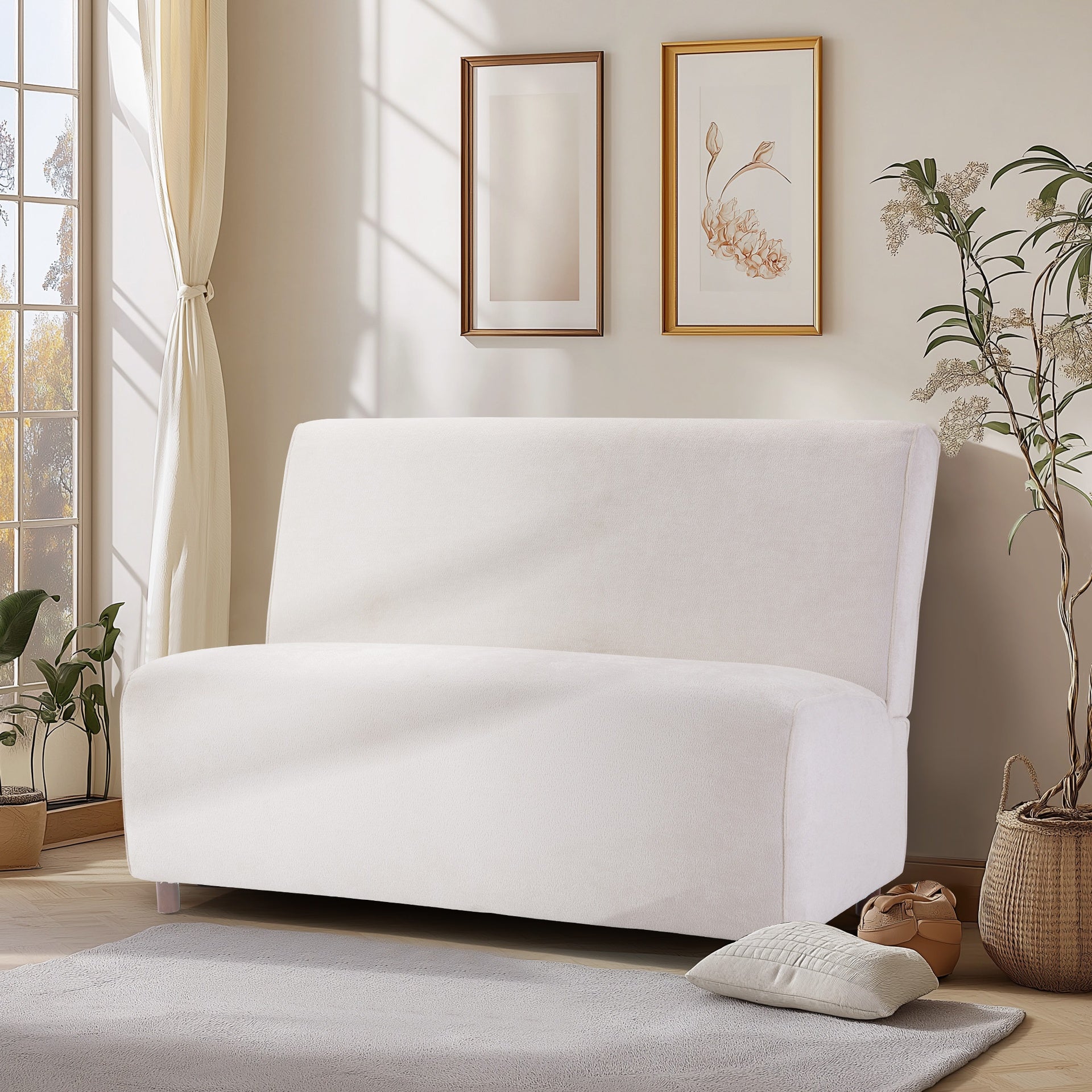 49" Beige boucle cover Fabric Loveseat - 25D High-Density Sponge Cushion, Light Brown Legs , Modern Sofa for Living Room