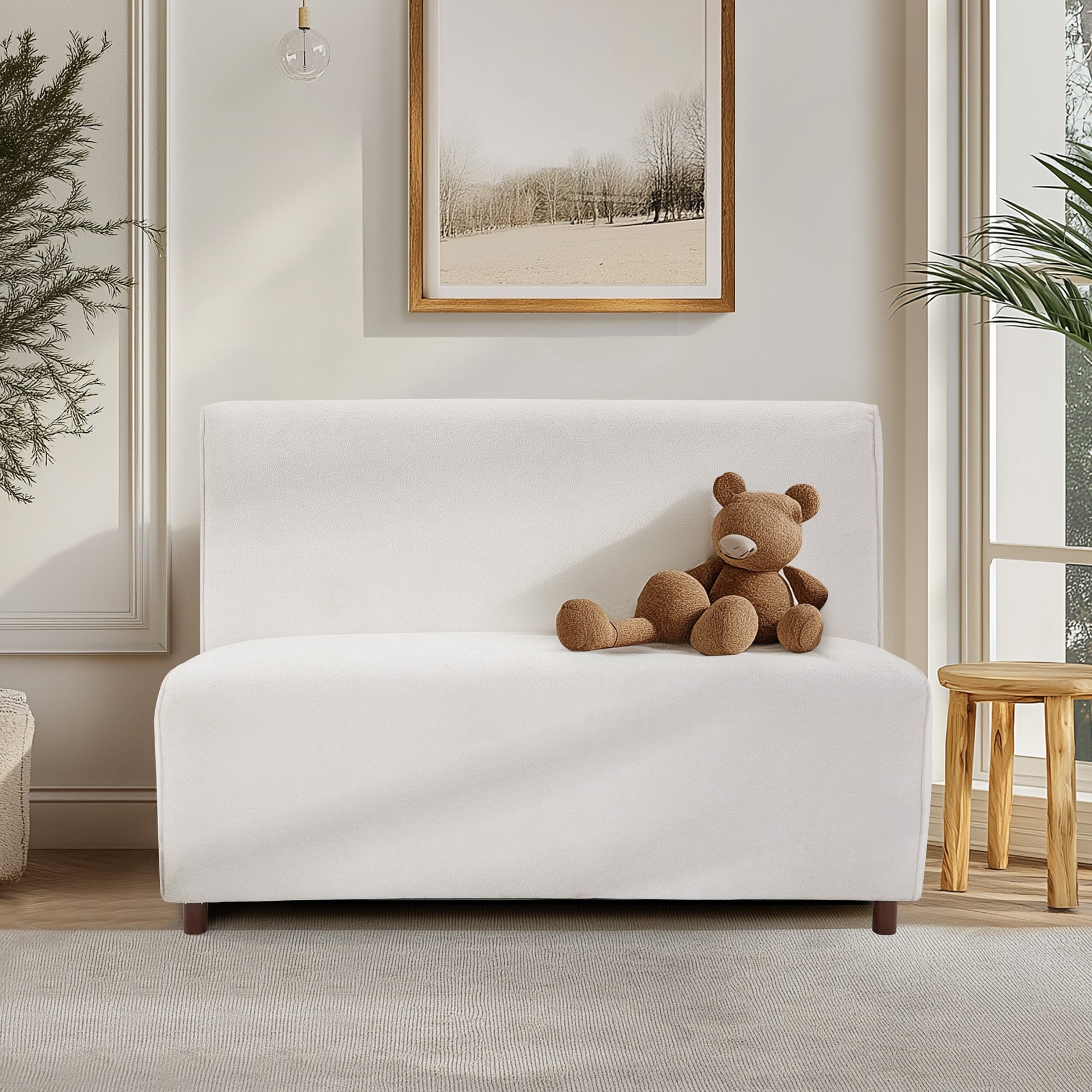 49" Beige boucle cover Fabric Loveseat - 25D High-Density Sponge Cushion, Light Brown Legs , Modern Sofa for Living Room