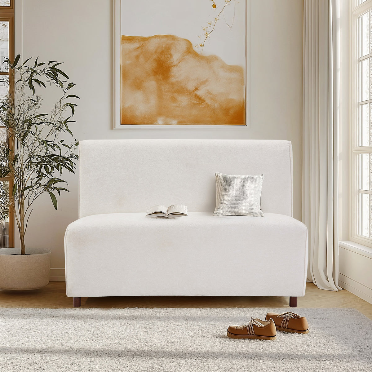 49" Beige boucle cover Fabric Loveseat - 25D High-Density Sponge Cushion, Light Brown Legs , Modern Sofa for Living Room