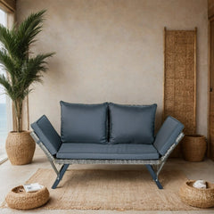 1 PCS Patio Wicker Side Foldable Bench Patio Backyard Conversation Bench Grey Wicker + Dark Grey Cushion