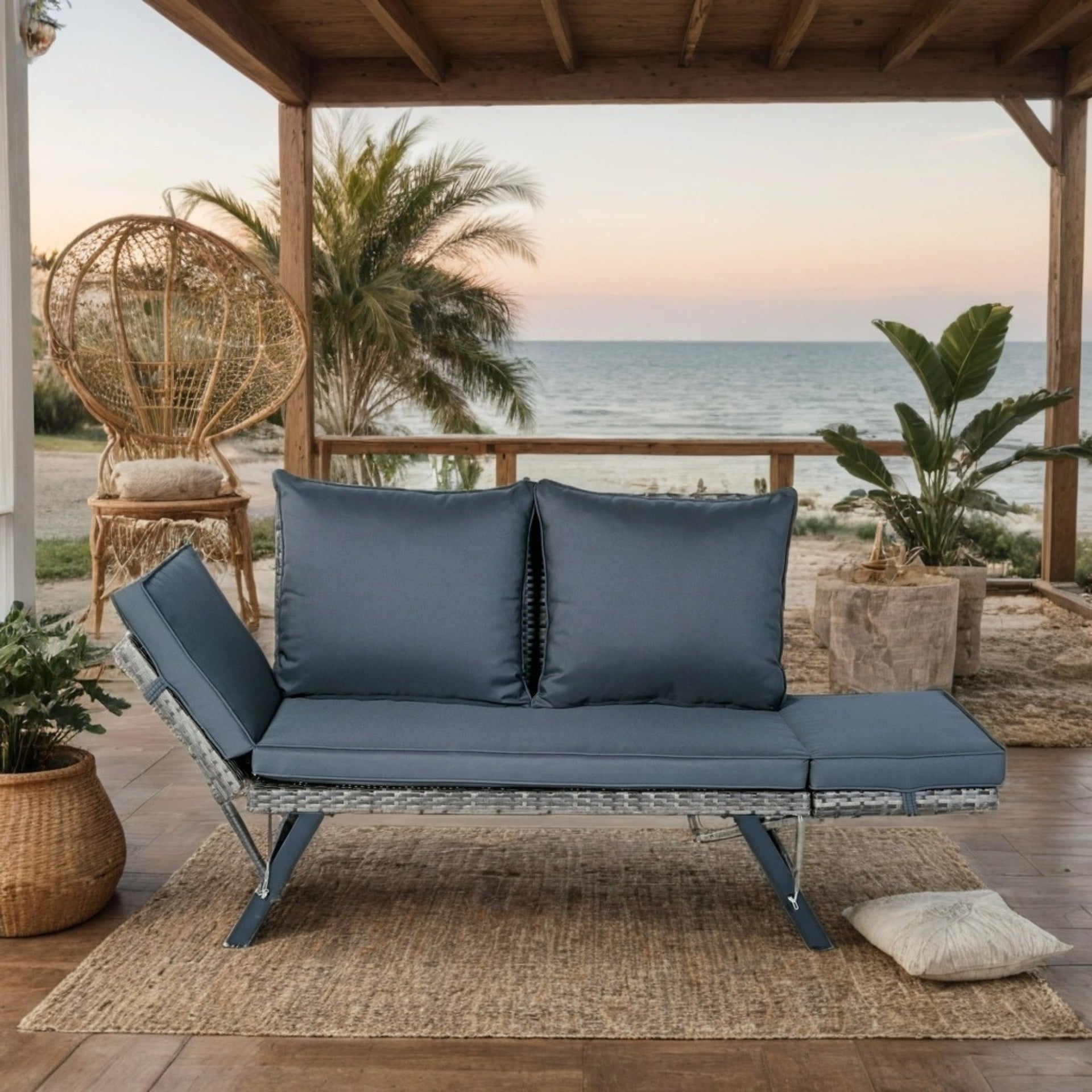 1 PCS Patio Wicker Side Foldable Bench Patio Backyard Conversation Bench Grey Wicker + Dark Grey Cushion