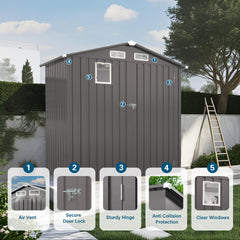 6X 3.6FT Metal Outdoor Storage Shed, Tool Shed with Peaked Roof Watertight with Clear Window and Lockable Door Compact Metal Tool Room for Garden, Backyard, Patio, Sundries and Bike Storage, Gray