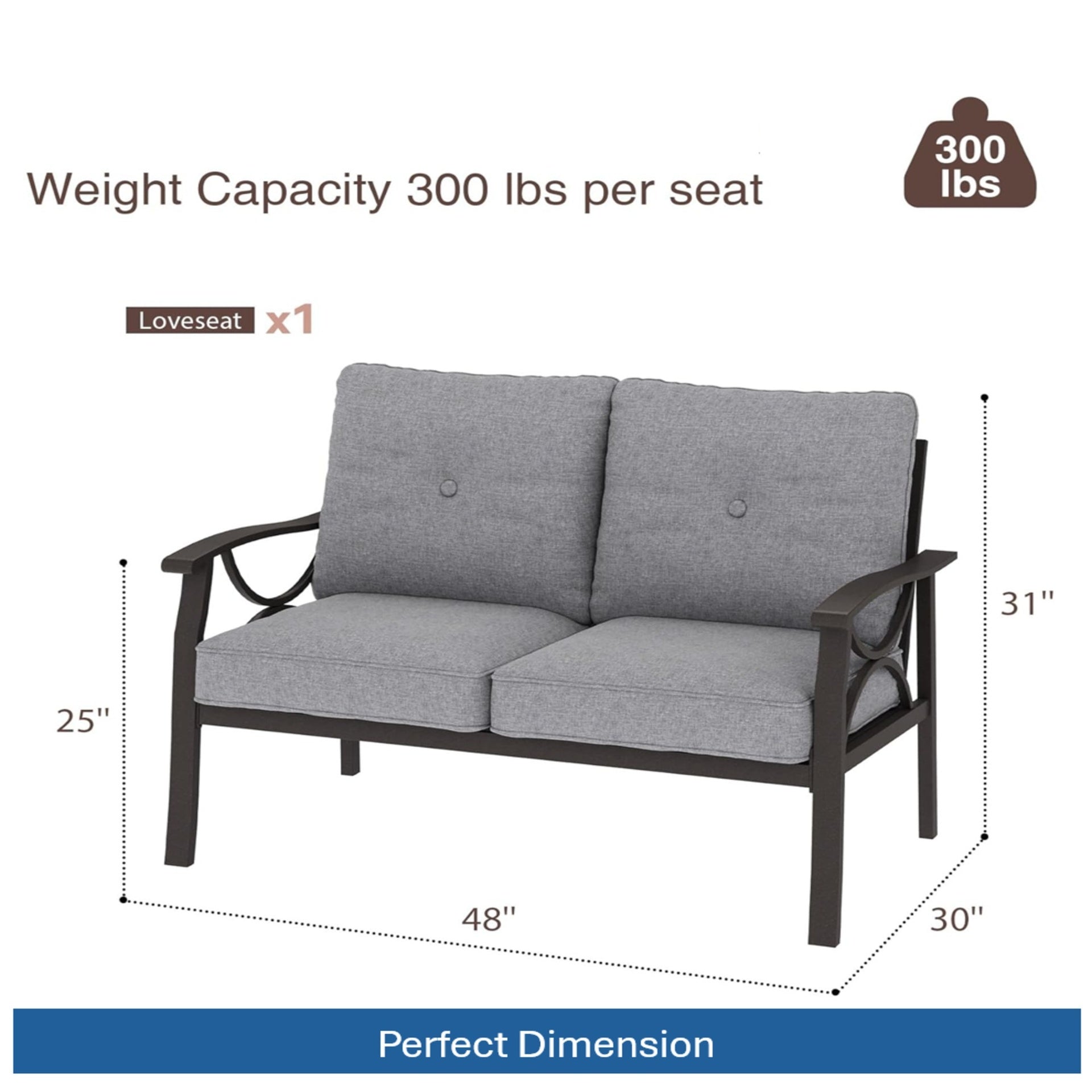 48" All-Weather Metal Loveseat 2 Seats Couch Sofa with Gray Cushions with black Frame
