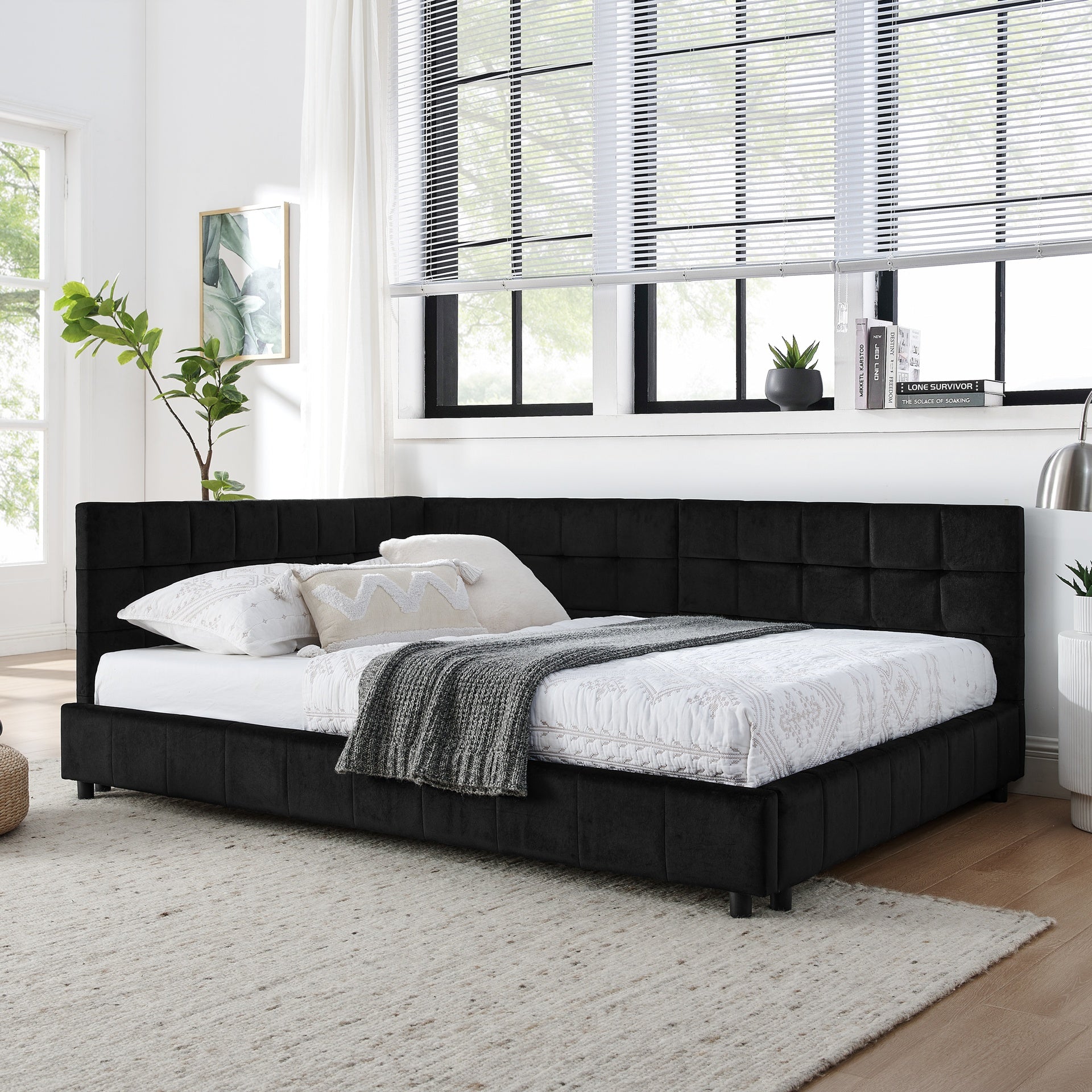 Full Size Upholstered Tufted  Bed Frame, Sofa Bed Frame with Comfortable Backrest and Armrests, Full Size Bed for Bedroom, Living Room,Velvet, Black(80.5''*59''*30.5'')