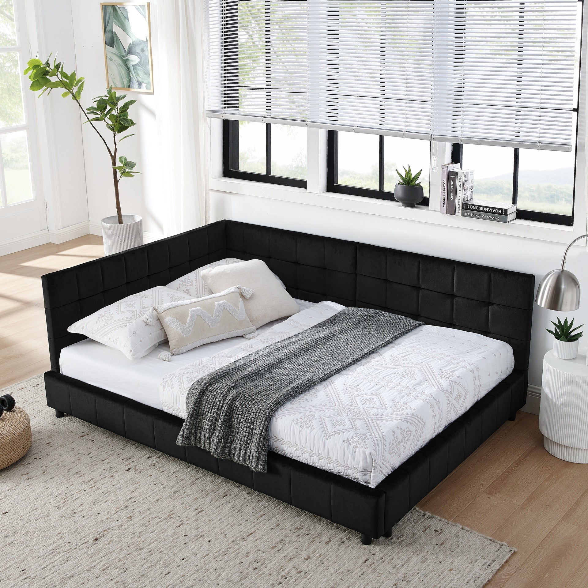 Full Size Upholstered Tufted  Bed Frame, Sofa Bed Frame with Comfortable Backrest and Armrests, Full Size Bed for Bedroom, Living Room,Velvet, Black(80.5''*59''*30.5'')