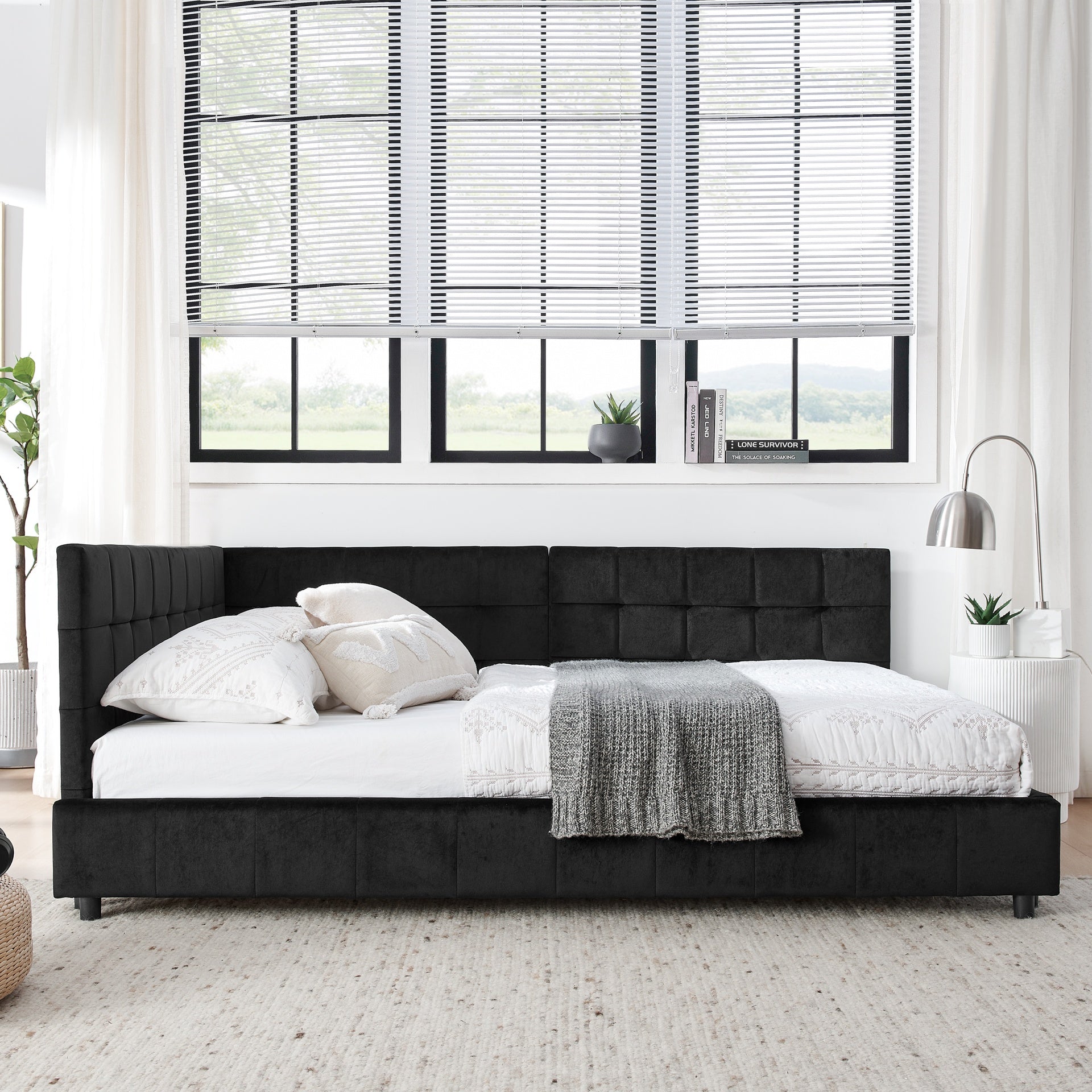 Full Size Upholstered Tufted  Bed Frame, Sofa Bed Frame with Comfortable Backrest and Armrests, Full Size Bed for Bedroom, Living Room,Velvet, Black(80.5''*59''*30.5'')
