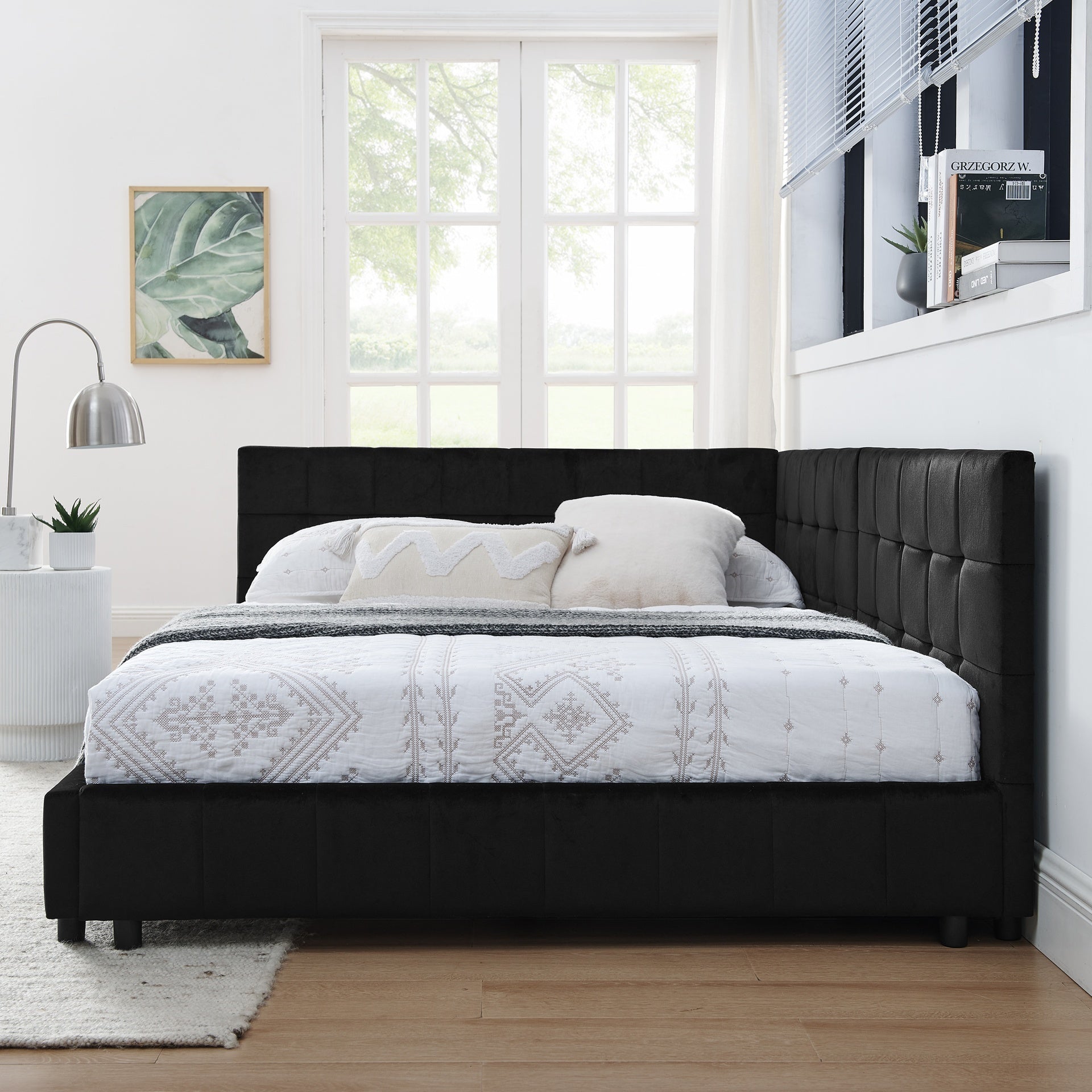 Full Size Upholstered Tufted  Bed Frame, Sofa Bed Frame with Comfortable Backrest and Armrests, Full Size Bed for Bedroom, Living Room,Velvet, Black(80.5''*59''*30.5'')