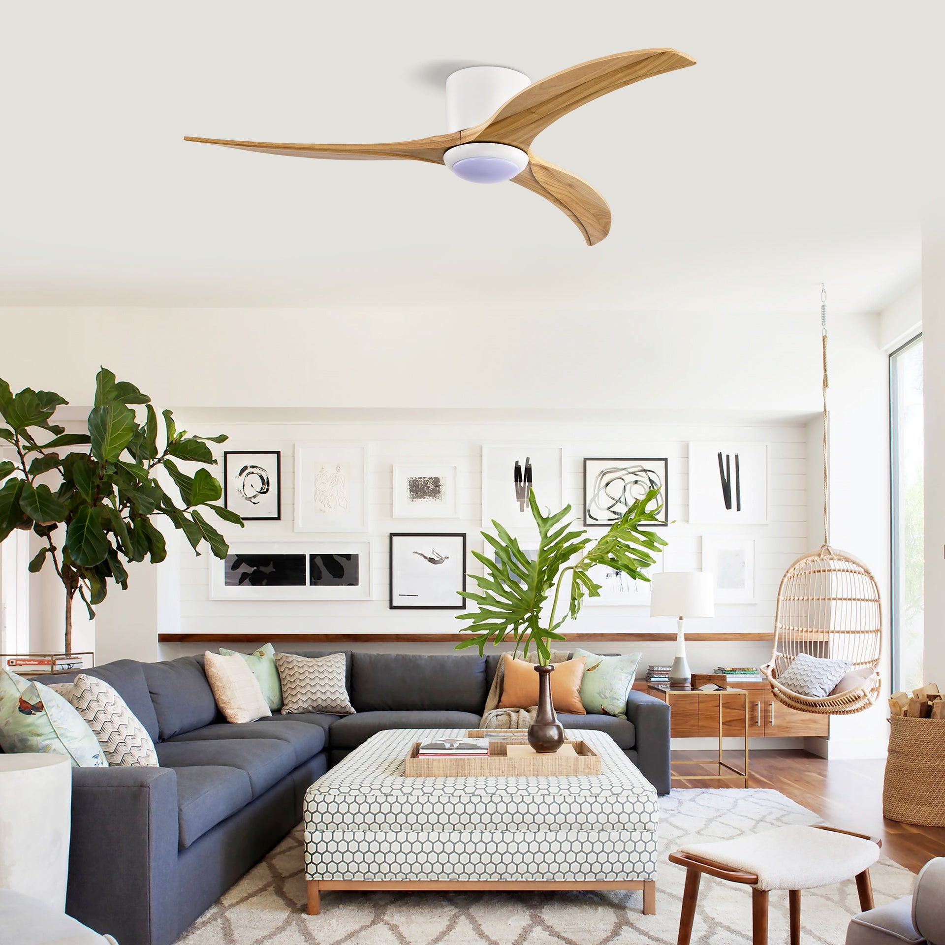 52"  Solid Wood Blades Ceiling Fan With Light with Remote Control, Noiseless Reversible Motor, 6 Speed, for Patio Living Room, Bedroom,Indoor.(Matte White)