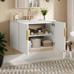 30" Vintage Bathroom Vanity with Ceramic Sink, with 3 Holes Single Ceramic Sink, Bathroom Storage Vanity Cabinet with 2 Soft Closing Doors