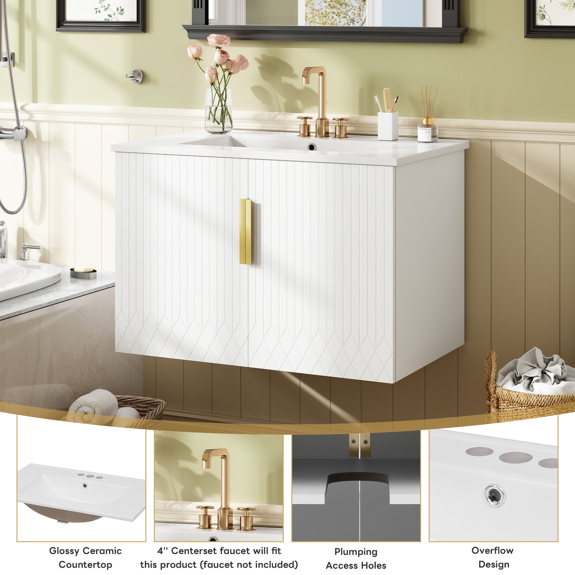 30" Vintage Bathroom Vanity with Ceramic Sink, with 3 Holes Single Ceramic Sink, Bathroom Storage Vanity Cabinet with 2 Soft Closing Doors