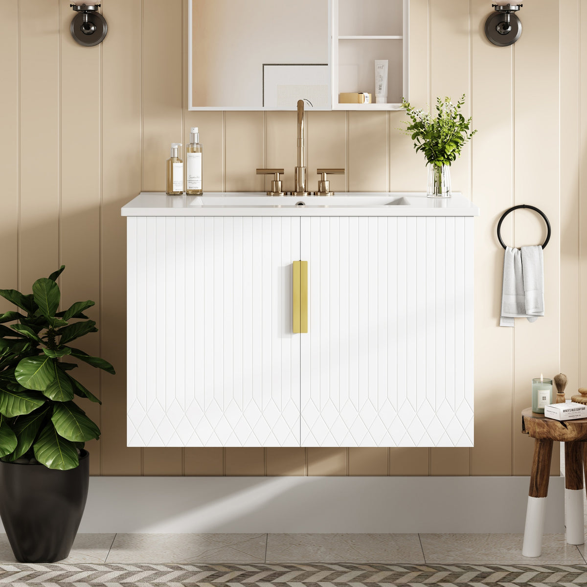30" Vintage Bathroom Vanity with Ceramic Sink, with 3 Holes Single Ceramic Sink, Bathroom Storage Vanity Cabinet with 2 Soft Closing Doors
