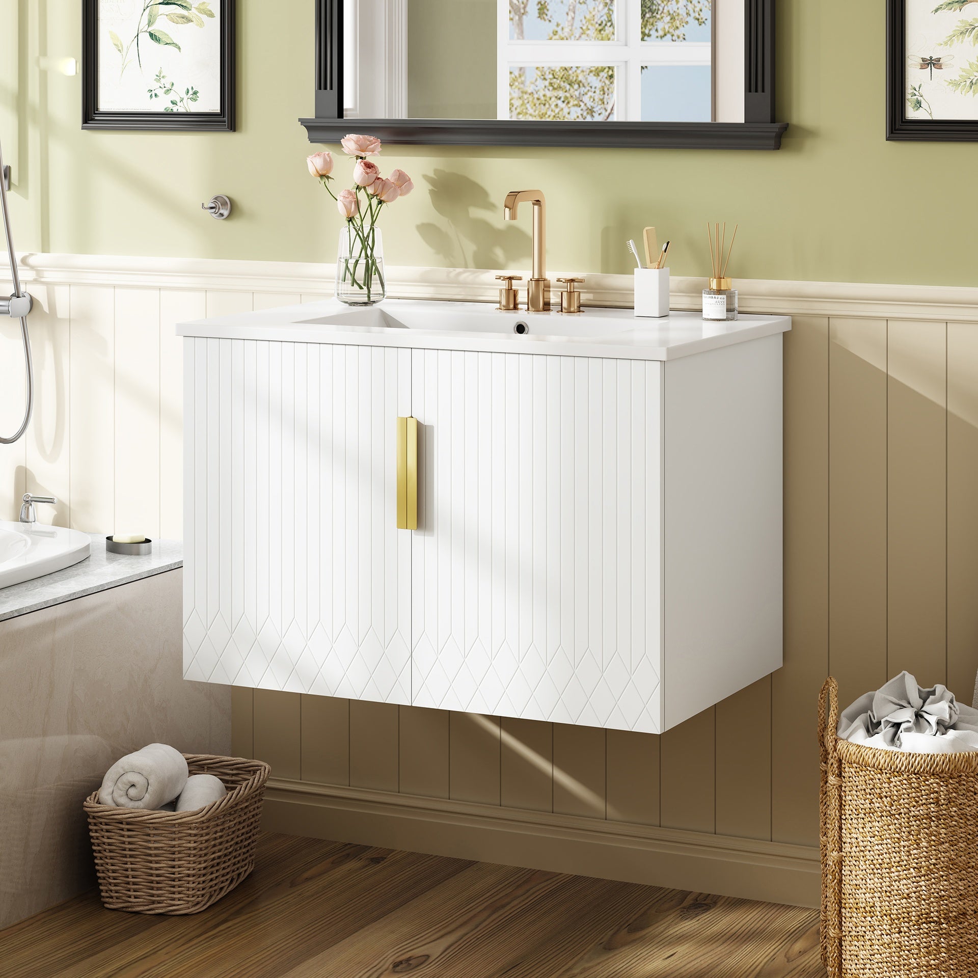 30" Vintage Bathroom Vanity with Ceramic Sink, with 3 Holes Single Ceramic Sink, Bathroom Storage Vanity Cabinet with 2 Soft Closing Doors