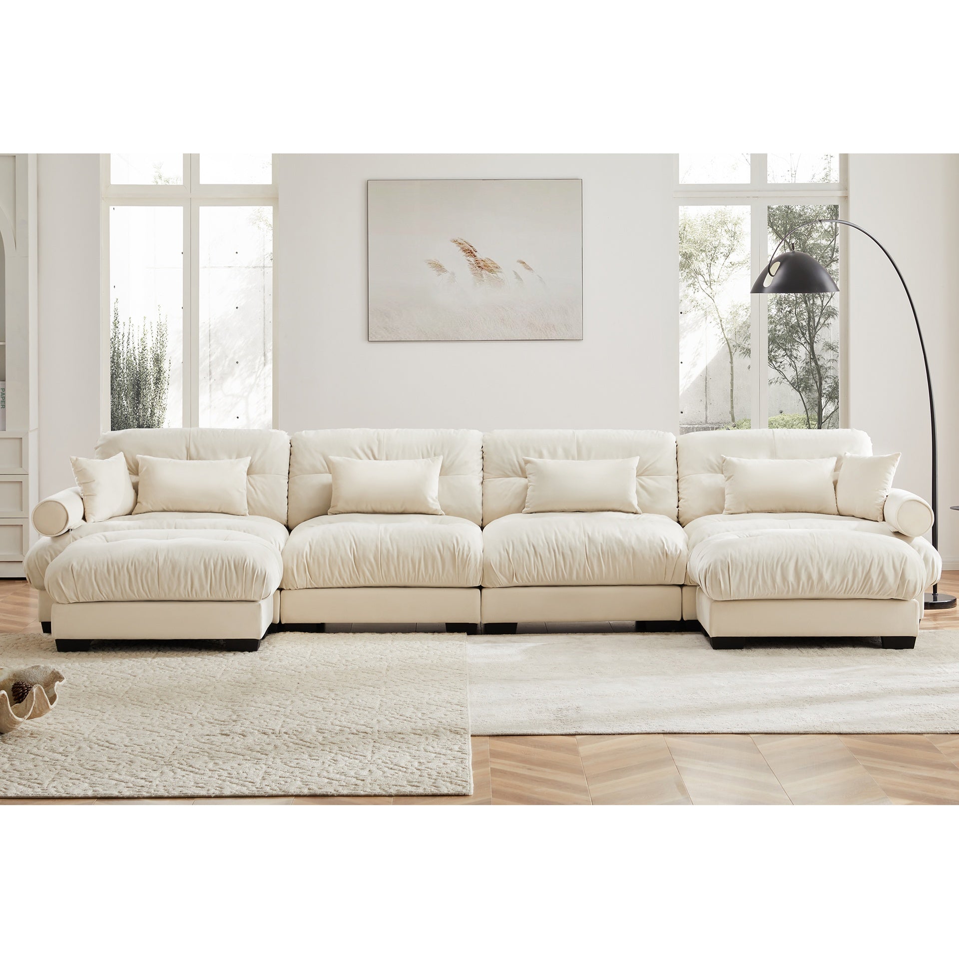 U Shaped Sectional Sofa Cloud Couch with Movable Ottomans,Convertible Deep 4 Seater Modern Velvet Comfy Upholstered Corner Couch with Blostered Armrests, Waist Pillow and Throw Pillows,Cream