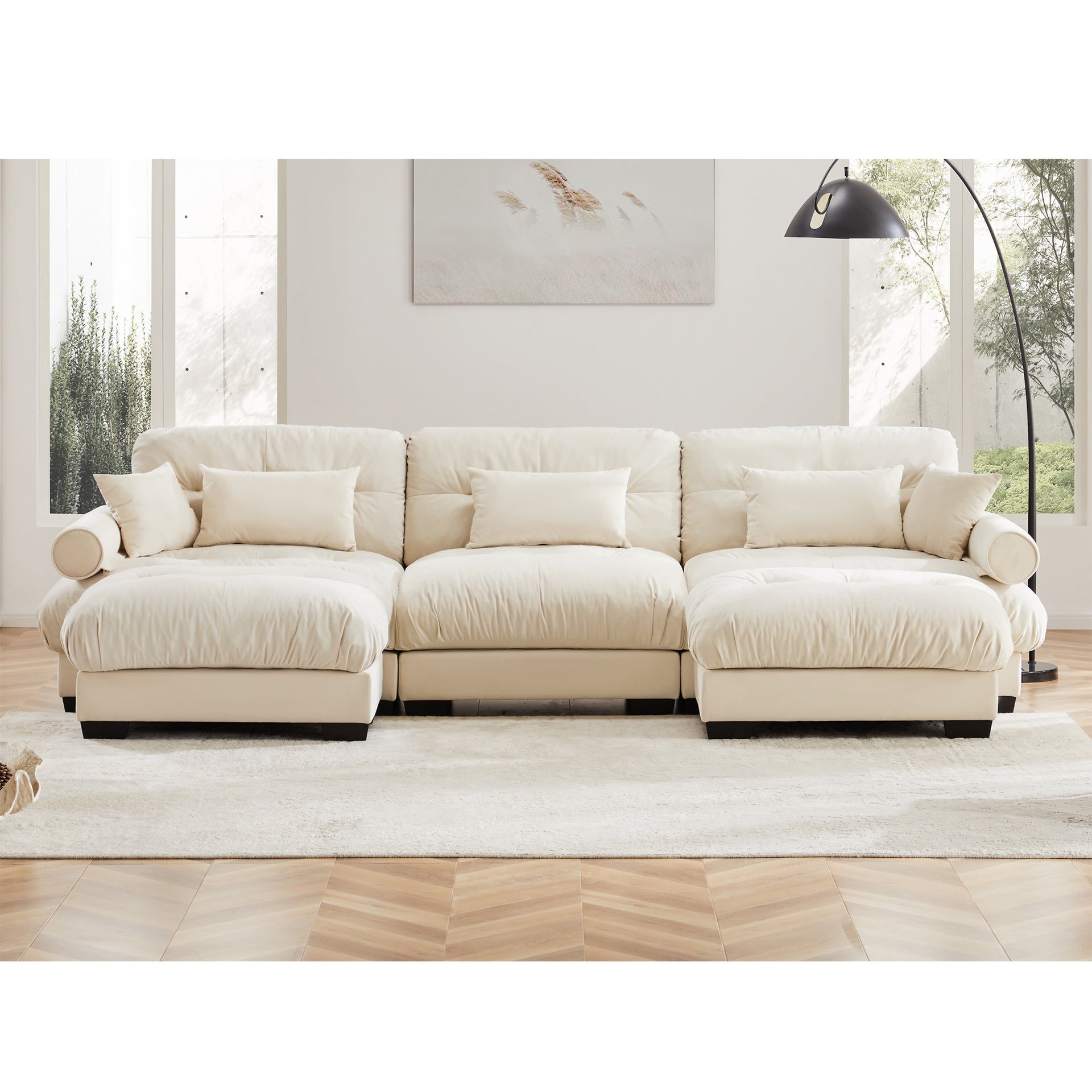 U Shape Modular Sectional Sofa Couch with Two Movable Ottomans, Modern 3 Seat Corner Sofa With Waist Pillows, Throw Pillows and Blostered Armrests, Convertible L Shaped Couch for Living Room,Cream