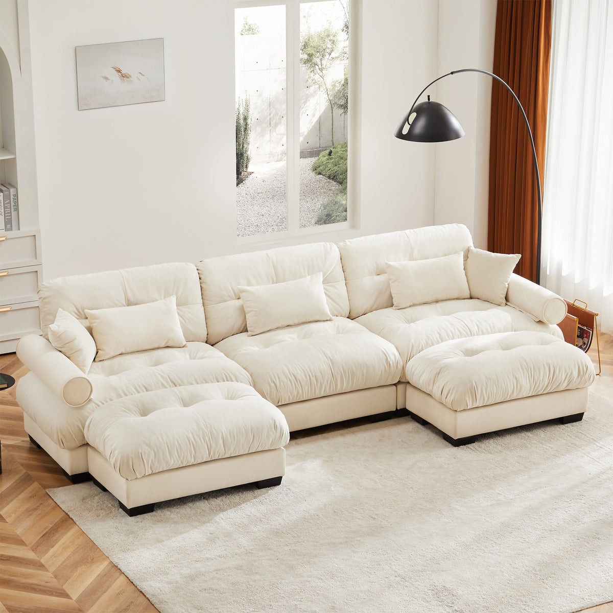 U Shape Modular Sectional Sofa Couch with Two Movable Ottomans, Modern 3 Seat Corner Sofa With Waist Pillows, Throw Pillows and Blostered Armrests, Convertible L Shaped Couch for Living Room,Cream