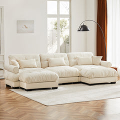 U Shape Modular Sectional Sofa Couch with Two Movable Ottomans, Modern 3 Seat Corner Sofa With Waist Pillows, Throw Pillows and Blostered Armrests, Convertible L Shaped Couch for Living Room,Cream