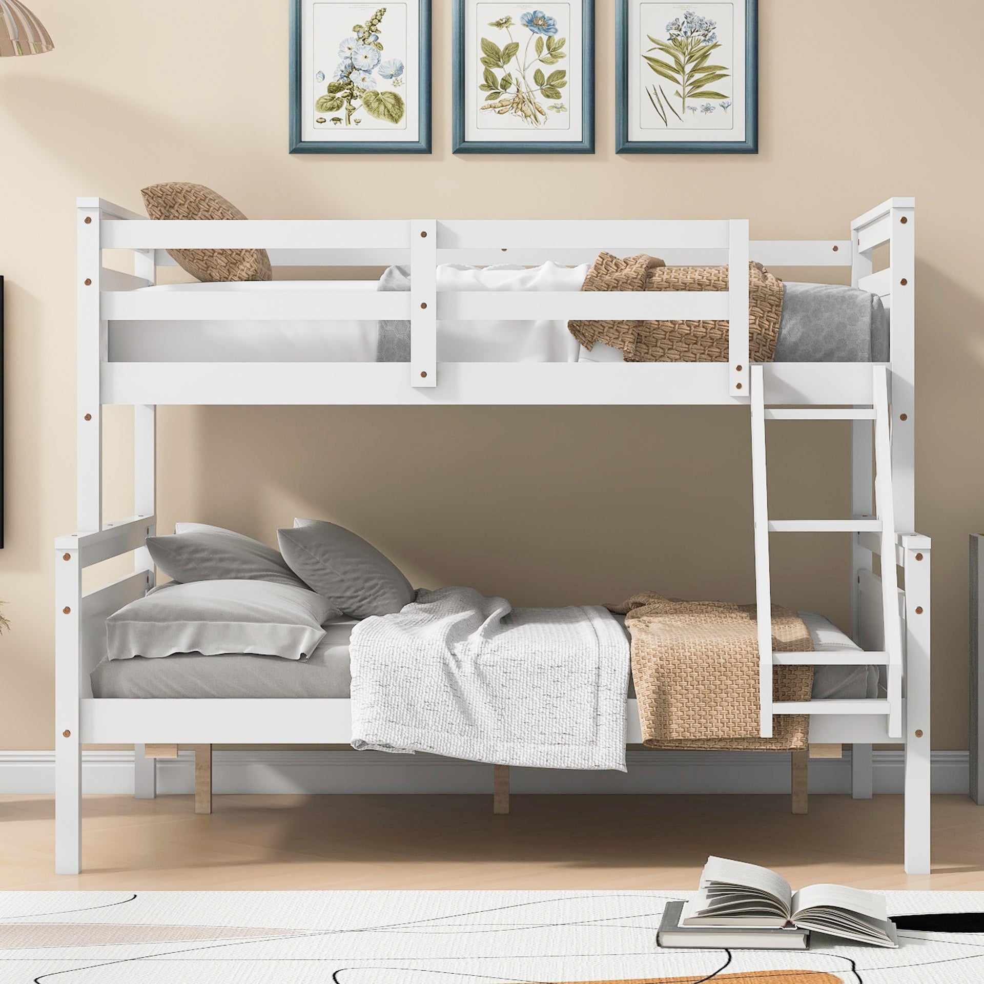 Twin over Full Bunk Bed with ladder, Safety Guardrail, Perfect for Bedroom, White