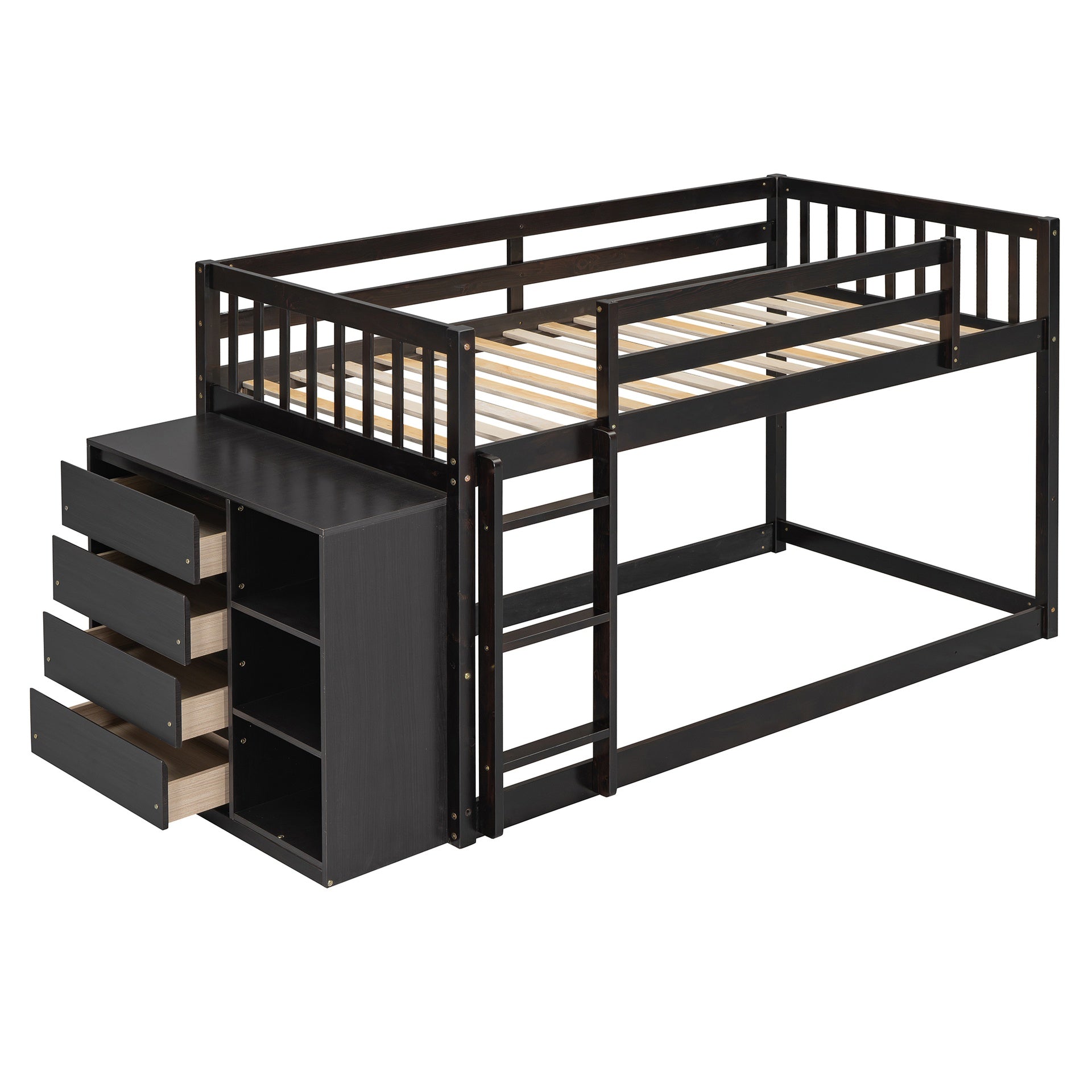 Twin over Twin Bunk Bed with 4 Drawers and 3 Shelves-Espresso