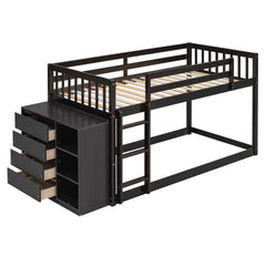 Twin over Twin Bunk Bed with 4 Drawers and 3 Shelves-Espresso