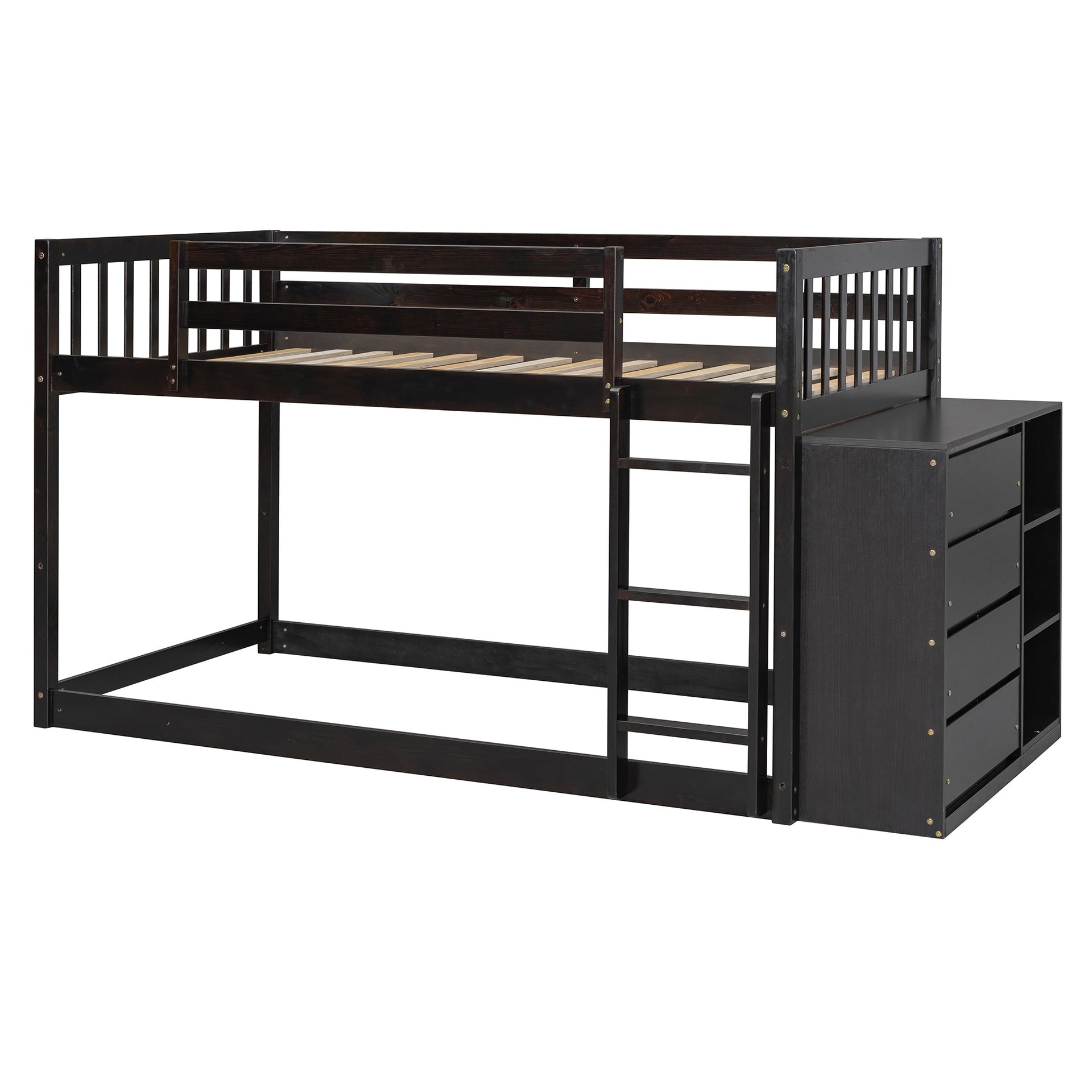 Twin over Twin Bunk Bed with 4 Drawers and 3 Shelves-Espresso