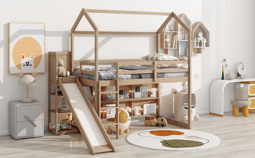 Twin Size Wood House Loft bed with Slide, Storage shelves and Light, Climbing Ramp, Wood Color