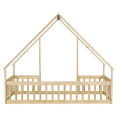 Twin Wood House-Shaped Floor Bed with Fence, Guardrails ,Natural