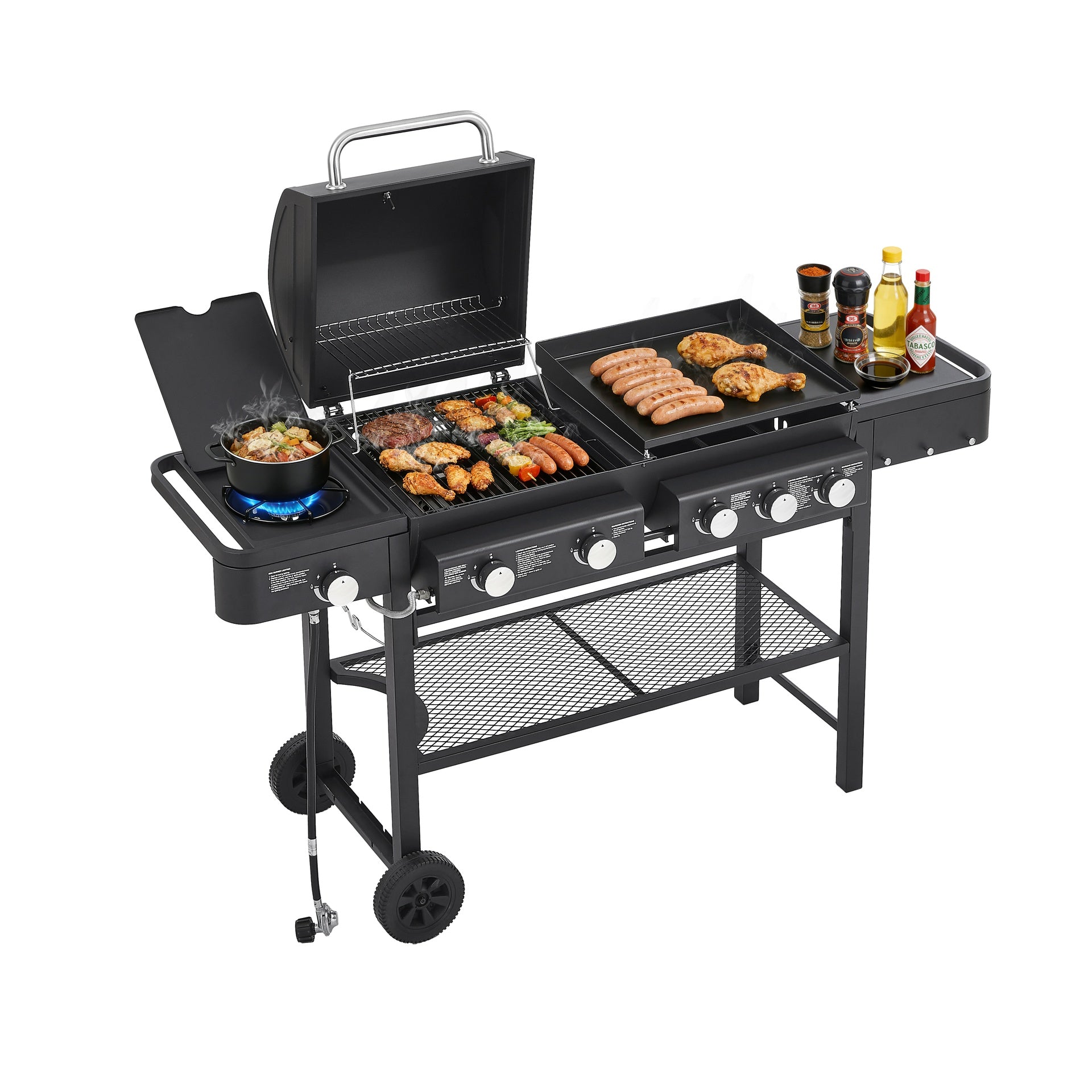 All-in-One Propane Gas Grill with Grilling & Griddling Functions, 745 Sq.Inch Cooking Space, 5 Burners, 56000 BTU Propane Grill,  Heavy-Duty Stand for Backyard Barbecue & Outdoor Cooking