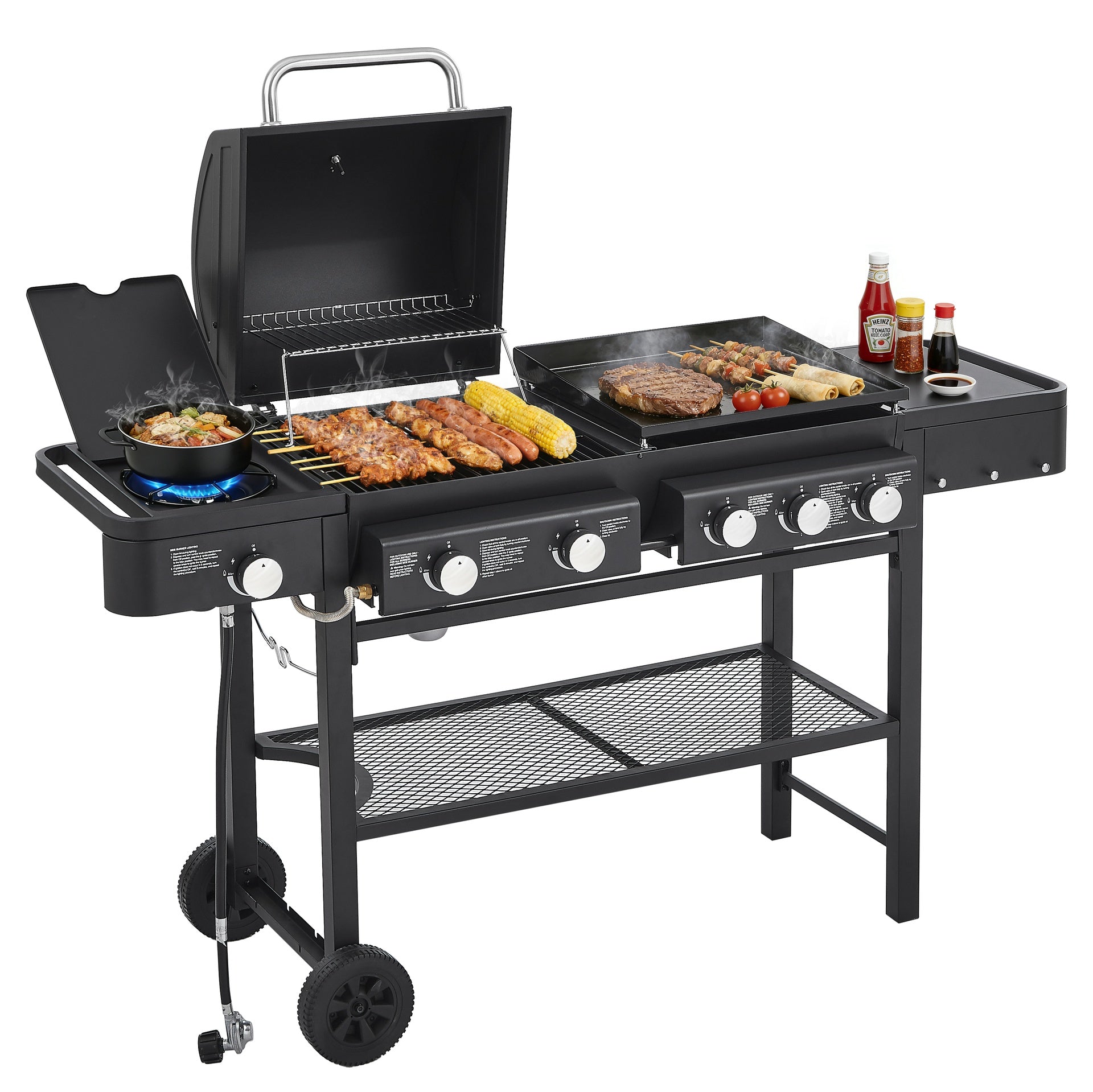 All-in-One Propane Gas Grill with Grilling & Griddling Functions, 745 Sq.Inch Cooking Space, 5 Burners, 56000 BTU Propane Grill,  Heavy-Duty Stand for Backyard Barbecue & Outdoor Cooking