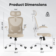 Ergonomic Office Chair, Home Office Desk Chair with Headrest, High Back Computer Chair with Armrests and Adjustable Lumbar Support for Home Office Study Room, White & Khaki