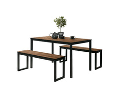 Industrial Style 3pc Dining Set 1x Dining Table 2x Bench U-Shape Metal Legs Wooden Top Walnut And Black Finish