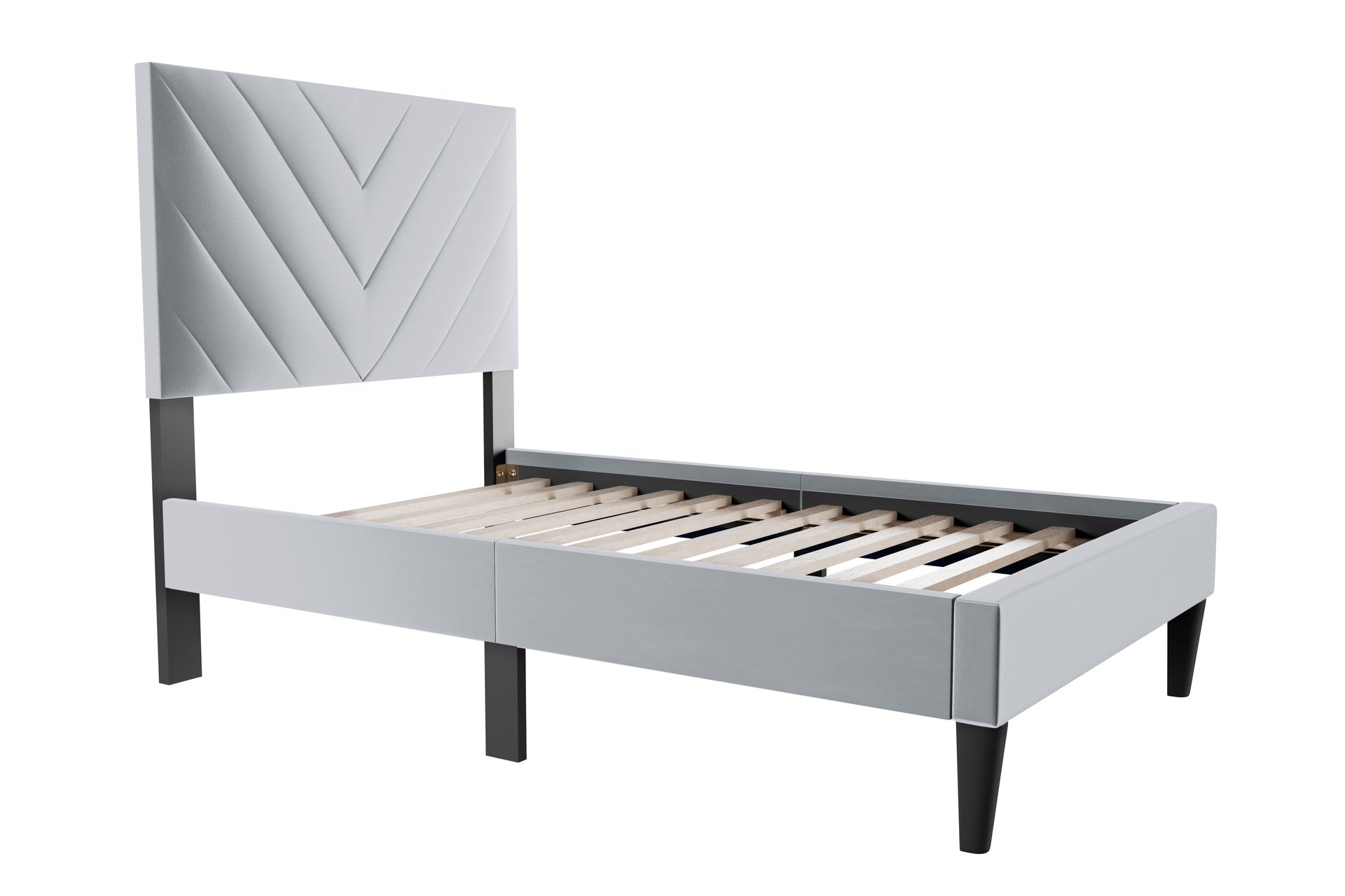 Modern V-Stitching Tufted Design Twin Bed Velvet Upholstered in Gray