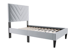 Modern V-Stitching Tufted Design Twin Bed Velvet Upholstered in Gray