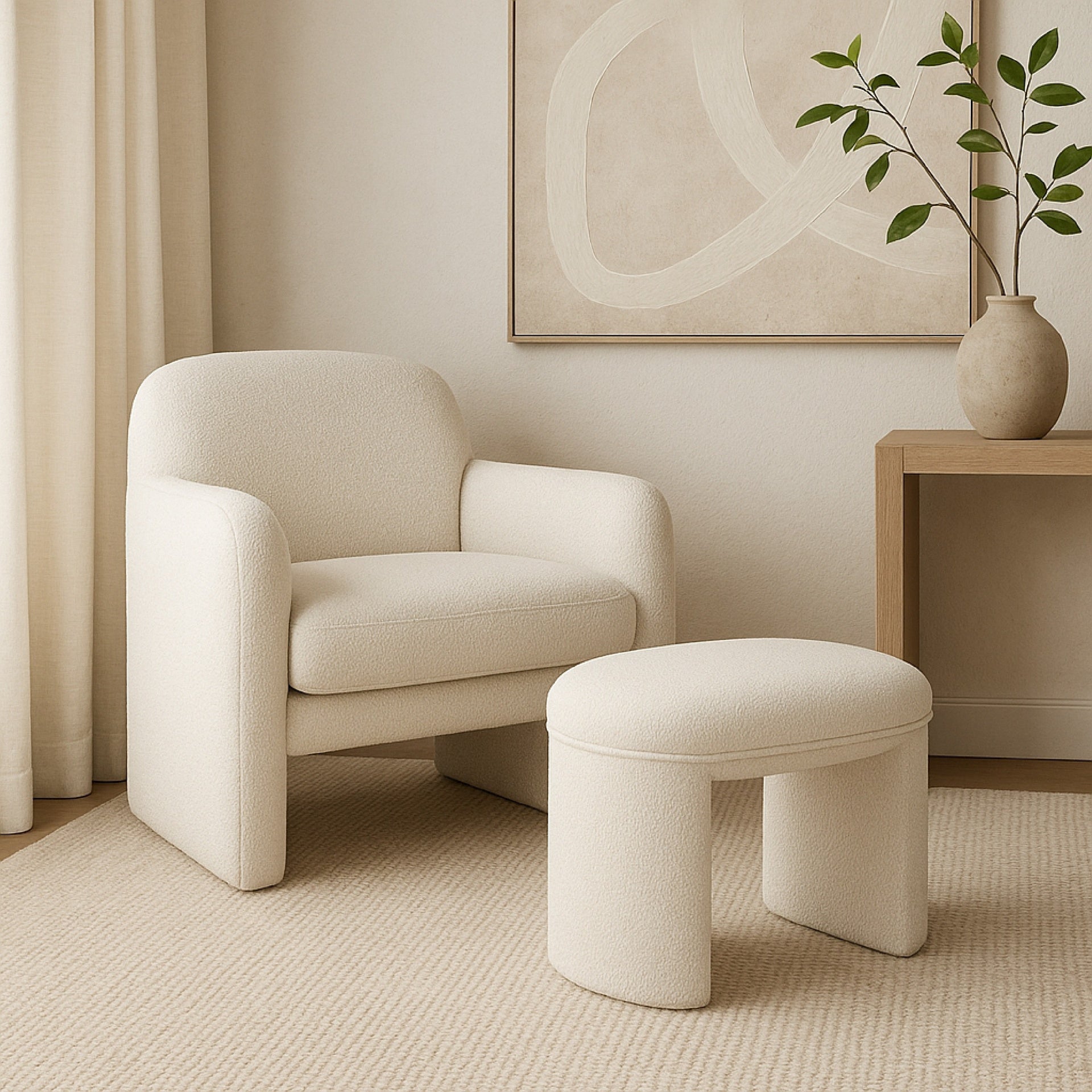 Max Ottoman Footstool with Saddle Seat, Cream White Boucle, 24 Inch