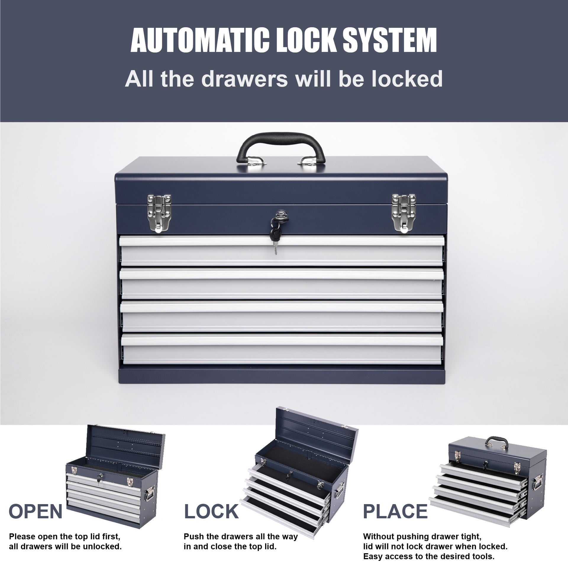 Heavy Duty Metal Tool Box, 21-inch, Portable Metal Tool Box with 4 Drawers, Small Tool Chest with EVA Liners, Ball Bearing Slide Drawers Locking & Powder Coated Finish, Multi-Function Tool Organizer