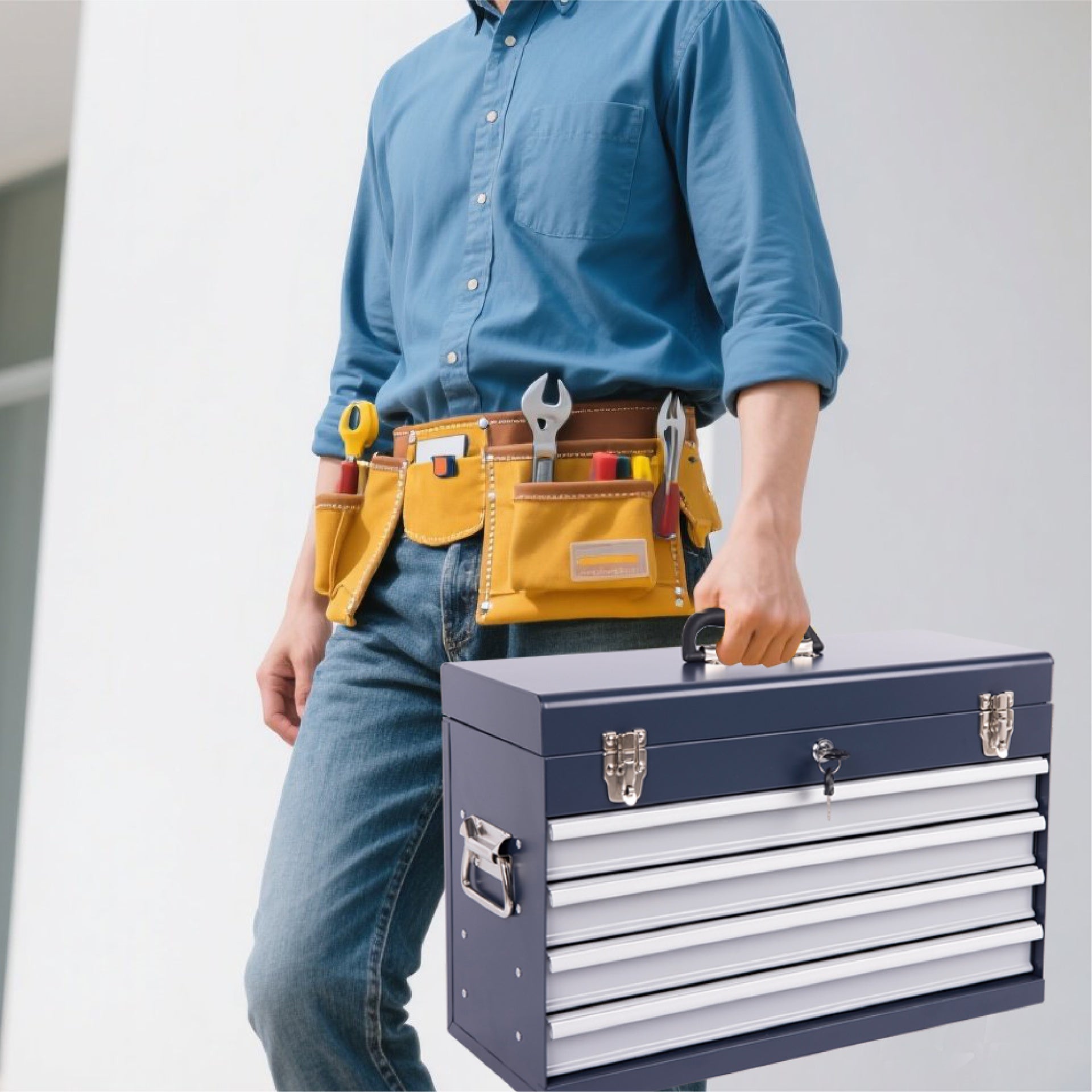 Heavy Duty Metal Tool Box, 21-inch, Portable Metal Tool Box with 4 Drawers, Small Tool Chest with EVA Liners, Ball Bearing Slide Drawers Locking & Powder Coated Finish, Multi-Function Tool Organizer
