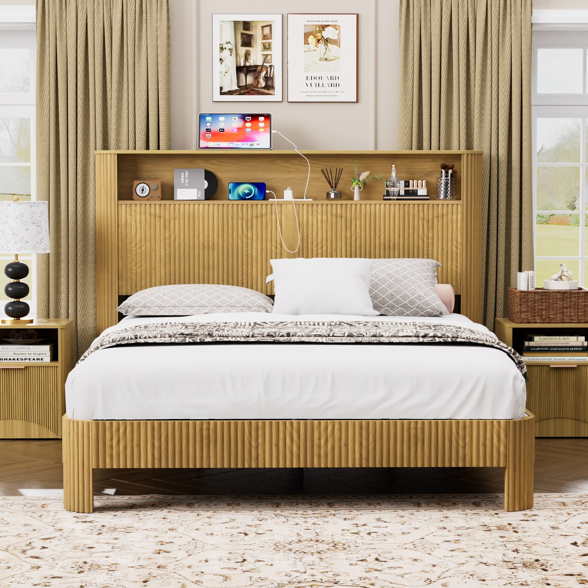 Queen Size bed frame with storage headboard, built-in charging station, wavy curved lines design, silent operation, metal support, Natural