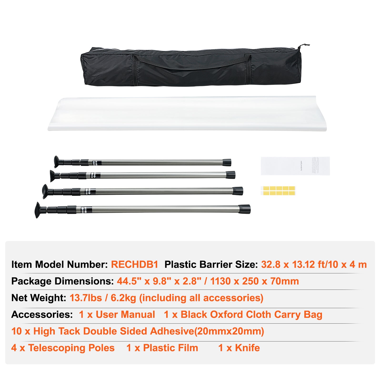 Dust Barrier Poles, Carry Bag, 10 Ft Poles with 4 Telescoping Poles, and 32.8x13.12 Ft Plastic Film, for Interior Decoration and Painting Projects