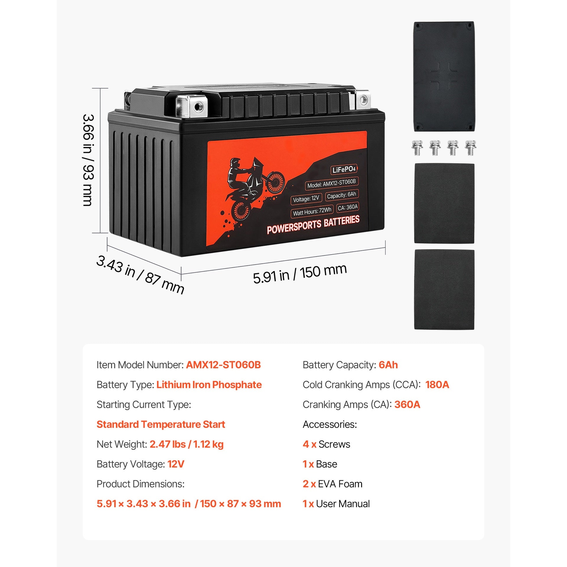 Motorcycle Battery 12V 6Ah YTX12-BS High Performance Powersports Battery