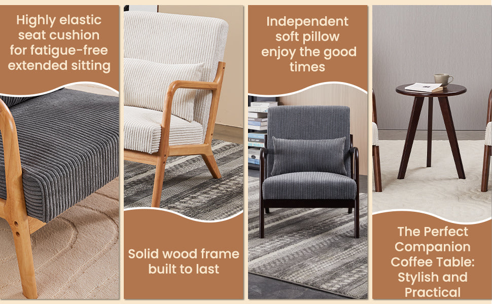 Mid-Century Modern Accent Chair&Coffee Table  Set,Vintage Luxury Style,  Leisure Chair(Beige)& coffee table  (Walnut-Tone), suitable for living rooms and bedroom relaxation areas