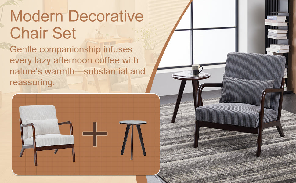 Mid-Century Modern Accent Chair&Coffee Table  Set,Vintage Luxury Style,  Leisure Chair(Beige)& coffee table  (Walnut-Tone), suitable for living rooms and bedroom relaxation areas