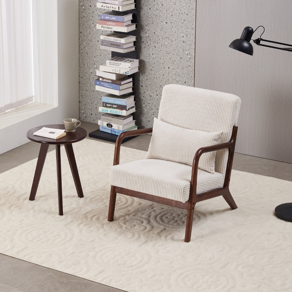 Mid-Century Modern Accent Chair&Coffee Table  Set,Vintage Luxury Style,  Leisure Chair(Beige)& coffee table  (Walnut-Tone), suitable for living rooms and bedroom relaxation areas