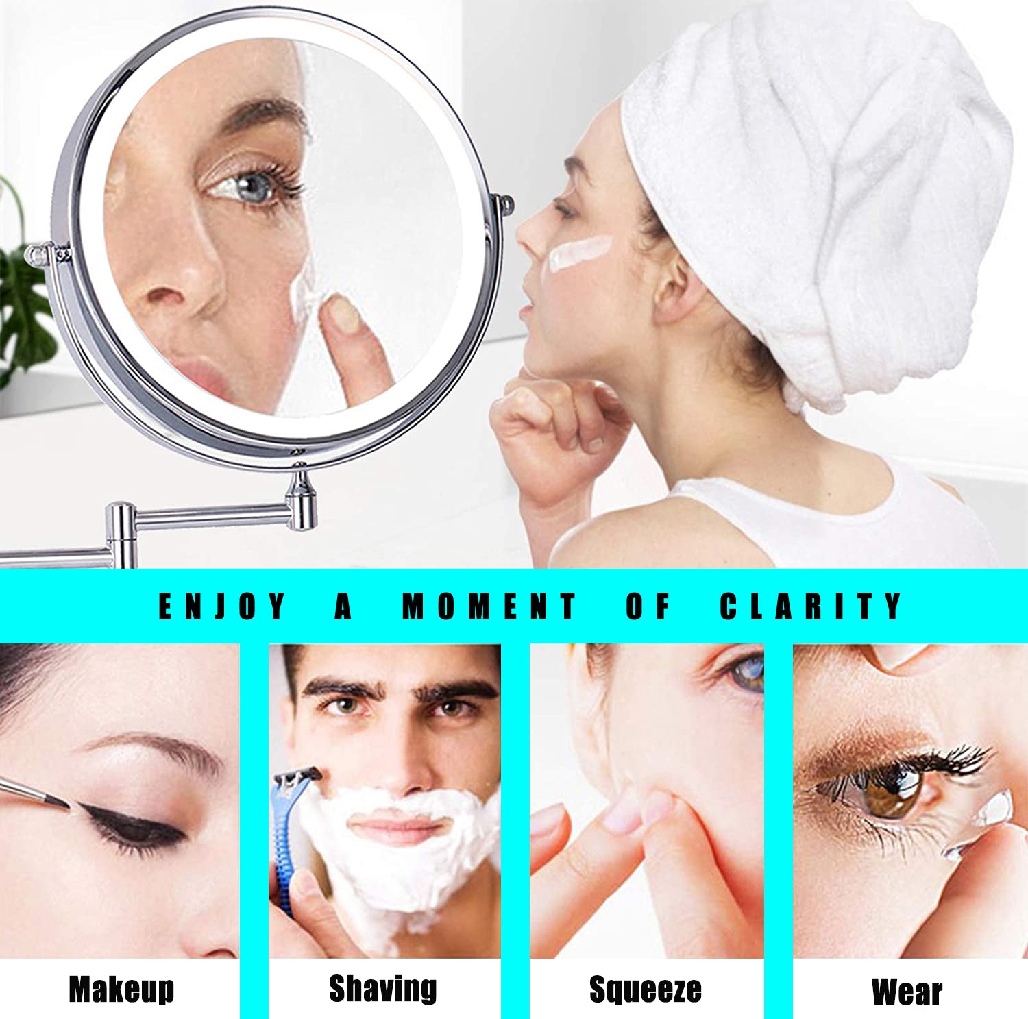 8 Inch LED Wall Mount Two-Sided Magnifying Makeup Vanity Mirror, 12 Inch Extension Chrome Finish, 1X/3X Magnification, 360 Degree Rotation, Waterproof Button Shaving Mirror