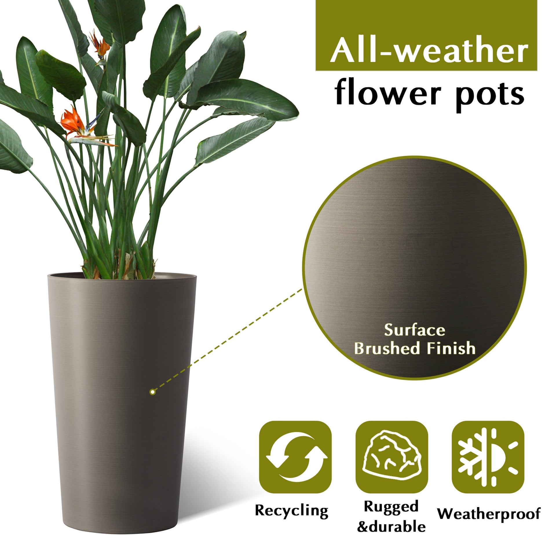 2 Pack Tall 21.7 in Planters for Outdoor Plants Modern Tall Square Planter Box Indoor Outdoor Porch Patio Flower Pot Modern Big Tapered Matte Tree Flower Pot for Garden, (Brown)
