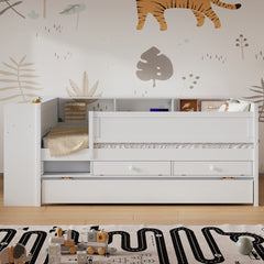 Multi-Functional Twin Daybed with Drawers and Trundle,  Headboard Storage and Tables, USB Charging Station, White
