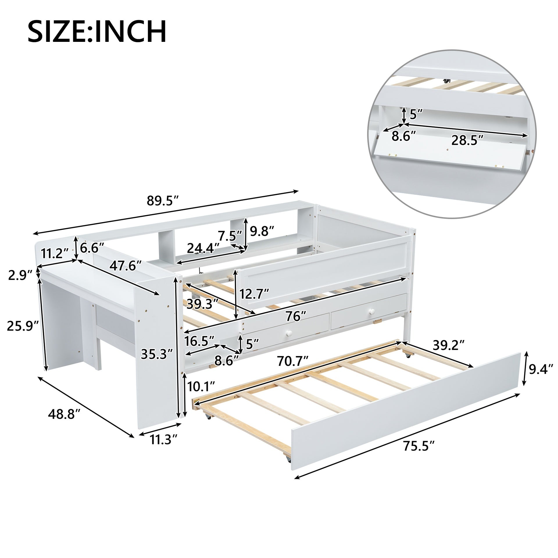 Multi-Functional Twin Daybed with Drawers and Trundle,  Headboard Storage and Tables, USB Charging Station, White